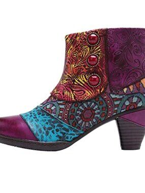 🆕 Boots for Women Ankle Booties Ethnic Style Tapered Heel Round Toe Button
